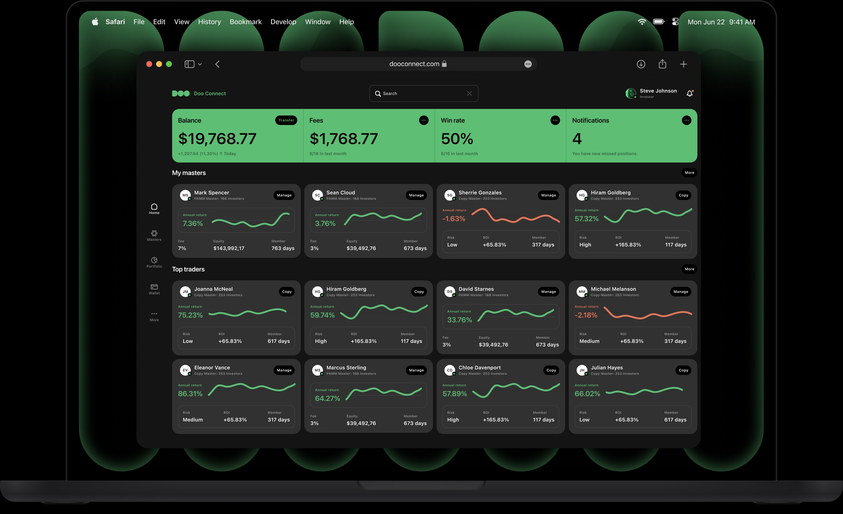 Doo Connect on desktop, showing balance, fees, win rate, and lists of masters and traders.