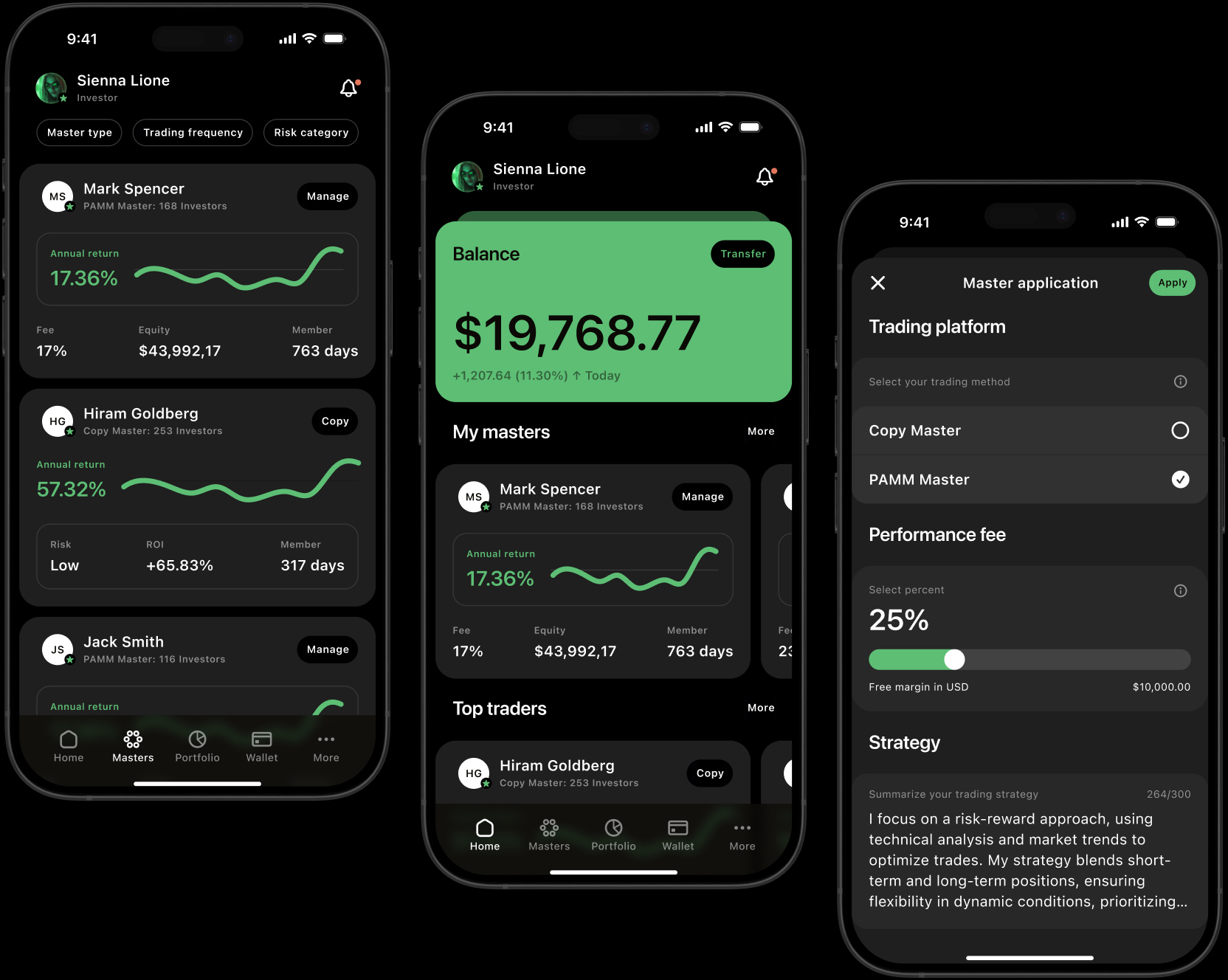 Doo Connect phone screens showing an investor home, a balance, and a master application.