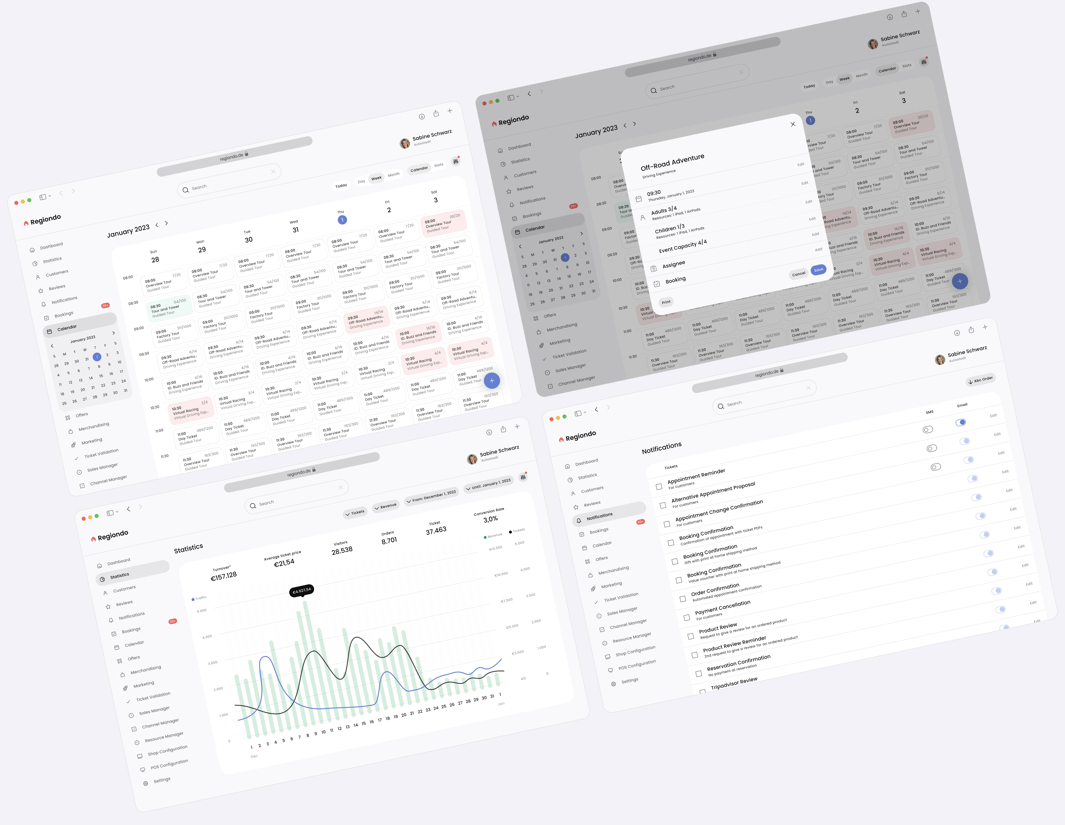 Regiondo on desktop, showing a booking calendar, an offer, statistics, and notifications.